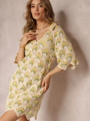 Beżowo-Zielona Szydełkowa Sukienka z Głębokim Dekoltem i Krótkim Rękawem z Bawełny Achla rosa