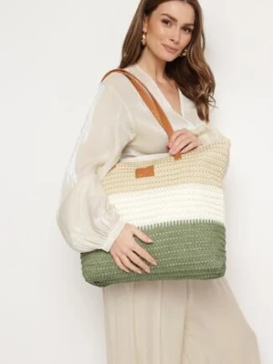 Beżowo-Zielona Torebka Tote w Stylu Boho z Plecionki na Suwak Rin