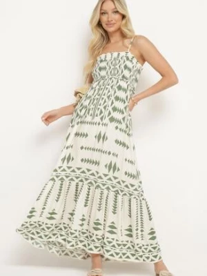 Beżowo-Zielona Wiskozowa Marszczona Sukienka na Regulowanych Ramiączkach z Falbanką Dwalea unigirl