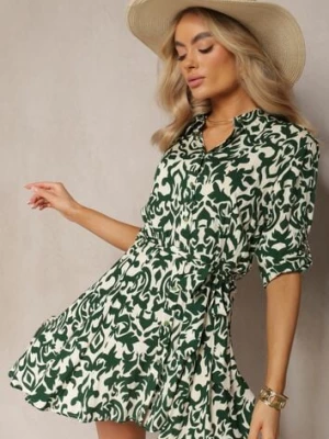 Beżowo-Zielona Wiskozowa Sukienka Koszulowa Ozdobiona Ornamentalnym Wzorem Lirenna