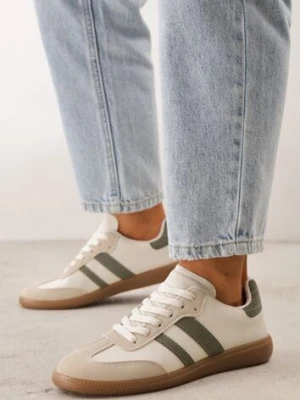 Beżowo-Zielone Casualowe Sneakersy na Płaskiej Podeszwie z Paskami Jereria Gowin