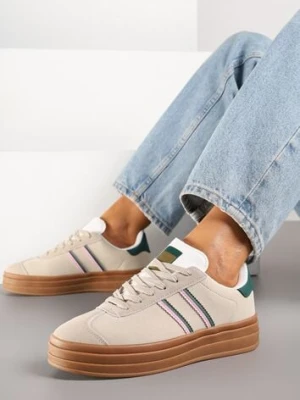 Beżowo-Zielone Klasyczne Sneakersy na Niewysokiej Platformie Terilee