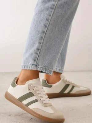 Beżowo-Zielone Płaskie Sneakersy Ozdobione Paskami Glaria Gowin