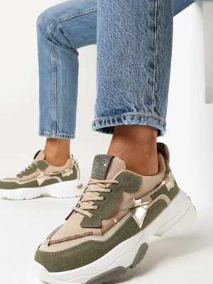 Beżowo-Zielone Sneakersy na Grubej Podeszwie z Cyrkoniami Evoline