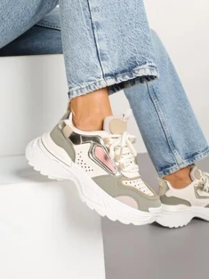 Beżowo-Zielone Sneakersy na Grubej Podeszwie z Tłoczeniami Lilasea