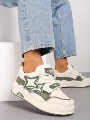 Beżowo-Zielone Sneakersy na Grubej podeszwie z Zapięciem na Rzep i Aplikacją na Boku Arforina