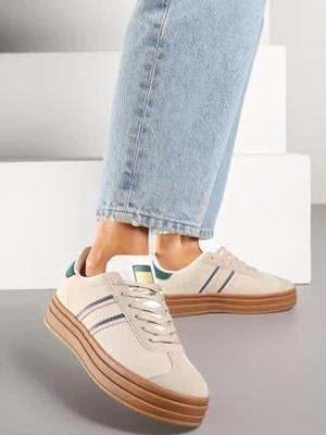 Beżowo-Zielone Sneakersy na Platformie z Minimalistycznymi Przeszyciami Teritha