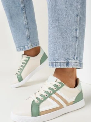 Beżowo-Zielone Sneakersy Sznurowane Baronsa