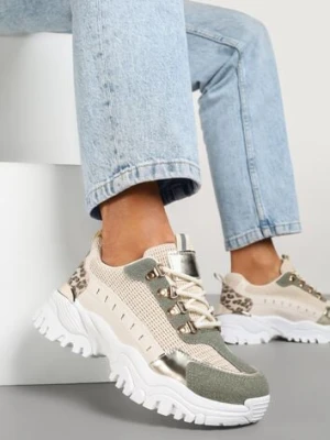 Beżowo-Zielone Sneakersy w Steetwearowym Stylu na Tłoczonej Platformie Ozdobione Wzorem w Panterkę Gonavielle