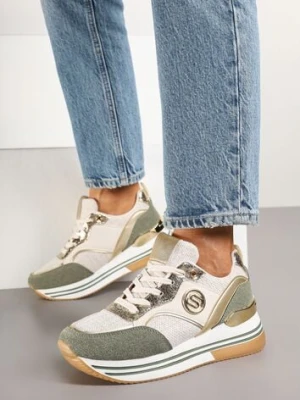 Beżowo-Zielone Sneakersy z Metalicznymi Zdobieniami na Platformie Gonnella