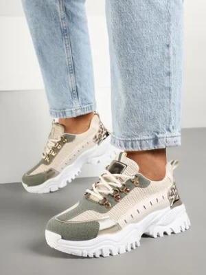 Beżowo-Zielone Streetwearowe Sneakersy na Grubej Podeszwie z Tłoczeniami i Wzorem w Panterkę Goniswen