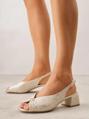 Beżowo-Złote Sandały na Obcasie ze Skórzaną Wkładką i Cyrkoniami Vylyra goodin