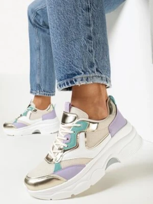 Beżowo-Złote Sneakersy na Grubej Podeszwie z Lakierowanymi Wstawkami Fryda