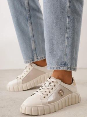 Beżowo-Złote Sneakersy Skórzane z Chunky Podeszwą i Metalicznymi Wstawkami Volla Goodin
