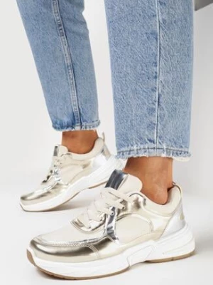 Beżowo-Złote Sneakersy z Metaliczną Lamówką Ovanaia