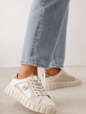 Beżowo-Złote Sneakersy ze Skóry Naturalnej na Niskiej Platformie z Metalowymi Akcentami Rilmi Goodin