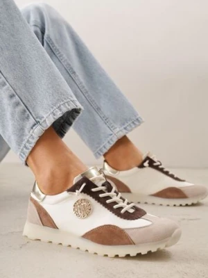 Beżowo-Złote Sneakersy ze Skóry Naturalnej Ozdobione Metaliczną Aplikacją Tidina goodin