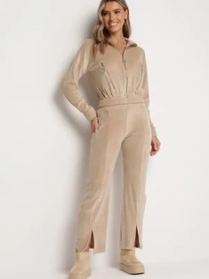 Beżowy 2-częściowy Komplet Dresowy z Bluzą i Spodniami Stellarina