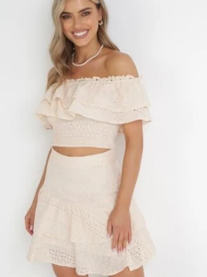 Beżowy 2-częściowy Komplet Haftowany Top z Hiszpańskim Dekoltem i Spódnica z Falbanką Ravenisa