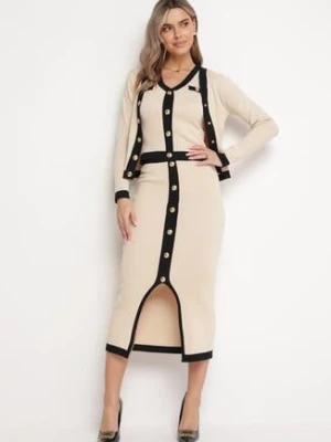 Beżowy 3-Częściowy Komplet Ozdobiony Napami z Kieszeniami Bluzka bez Rękawów Spódnica z Rozcięciem Kardigan Violel