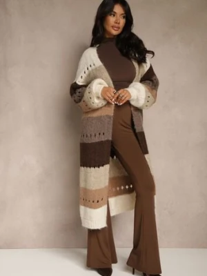 Beżowy Ażurowy Kardigan w Paski z Dodatkiem Wełny i Wiskozy o Długim Kroju Ilonine jumelle