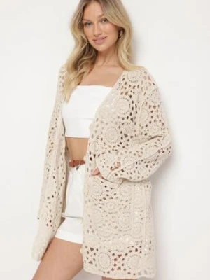 Beżowy Ażurowy Kardigan z Bawełny z Kieszeniami Linsiela rosa