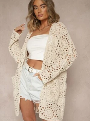 Beżowy Bawełniany Kardigan z Ażurowej Tkaniny z Kieszeniami Linetea rosa