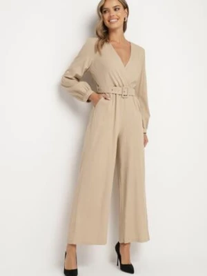 Beżowy Bawełniany Kombinezon o Kopertowym Kroju z Paskiem i Gumką w Talii Mirrira rosa