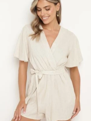 Beżowy Bawełniany Kombinezon z Kopertowym Dekoltem i Materiałowym Paskiem w Talii Viklie melya by melody