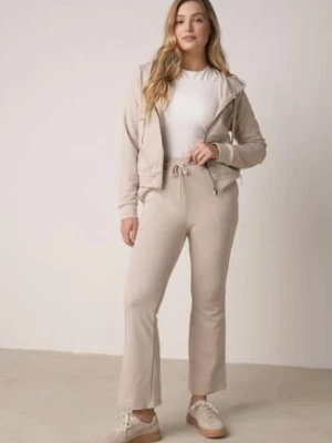 Beżowy Bawełniany Komplet Dresowy Bluza z Kapturem i Spodnie Dzwony Nanre