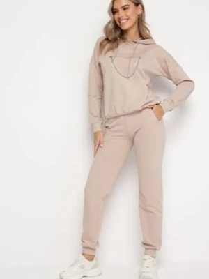 Beżowy Bawełniany Komplet Dresowy Luscio