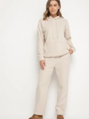 Beżowy Bawełniany Komplet Dresowy z Bluzą i Spodniami Zansira defox