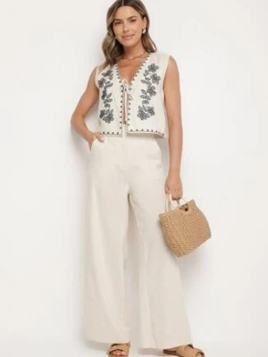 Beżowy Bawełniany Komplet Kamizelka w Hafty i Szerokie Spodnie Ralivera rosa