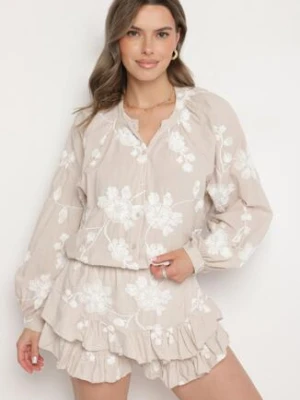 Beżowy Bawełniany Komplet Koszula z Szerokimi Rękawami i Spódnico-Spodenki Savrise new collection