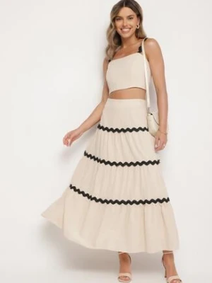 Beżowy Bawełniany Komplet Top na Ramiączkach i Rozkloszowana Spódnica Iselira