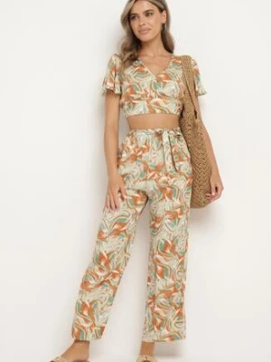 Beżowy Bawełniany Komplet Top z Krótkim Rękawem Szerokie Spodnie z Gumką w Pasie Zoriadia