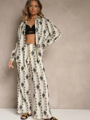 Beżowy Bawełniany Komplet z Haftowanymi Zdobieniami Koszula i Spodnie Nalavina rosa