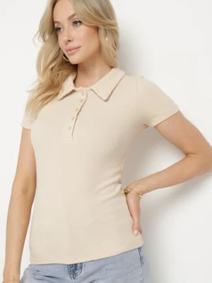 Beżowy Bawełniany T-shirt Prążkowany Typu Polo z Guzikami Avelavia elsa.m by may