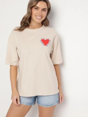 Beżowy Bawełniany T-shirt z Motywem Serca Liorlie jumelle