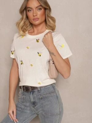 Beżowy Bawełniany T-shirt z Ozdobnym Haftem Falvivi