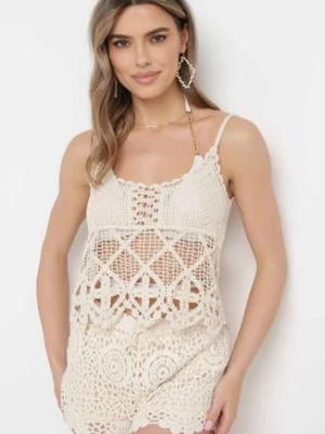 Beżowy Bawełniany Top Boho w Szydełkowym Stylu Janeila rosa