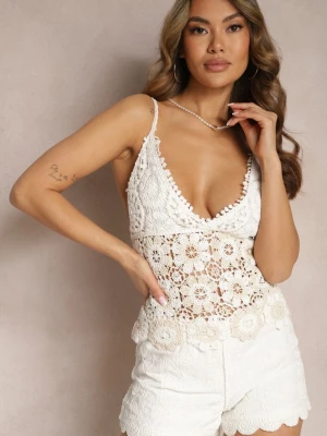 Beżowy Bawełniany Top z Ażurowej Koronki w Stylu Boho Yaniva Rosa