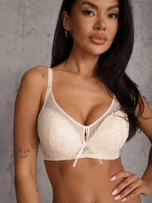 Beżowy Biustonosz Full Cup Zdobiony Koronką Raviera