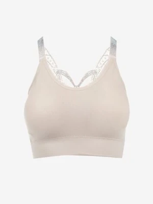 Beżowy Biustonosz na Szerokich Ramiączkach z Koronką w Cyrkonie Caduria