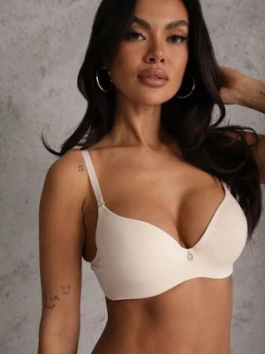 Beżowy Biustonosz Push Up o Gładkim Wykończeniu z Cyrkoniową Aplikacją Claronei han