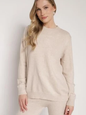 Beżowy Casualowy Sweter z Wełną i Bawełną Nedalla