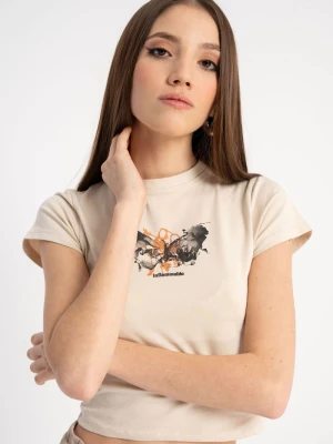 Beżowy CROP TOP z minimalistyczną grafiką z przodu Reporter