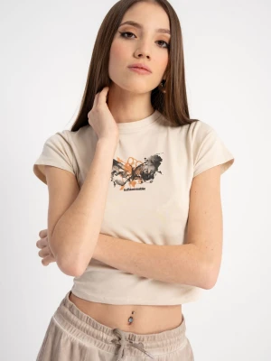 Beżowy crop top z minimalistyczną grafiką z przodu Reporter Young