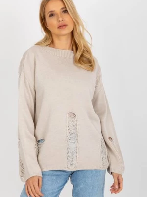 Beżowy damski
sweter oversize z dziurami z wełną