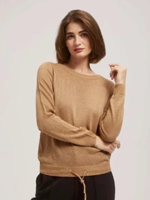 Beżowy damski sweter z wiązaniem i metaliczną nitką Moodo